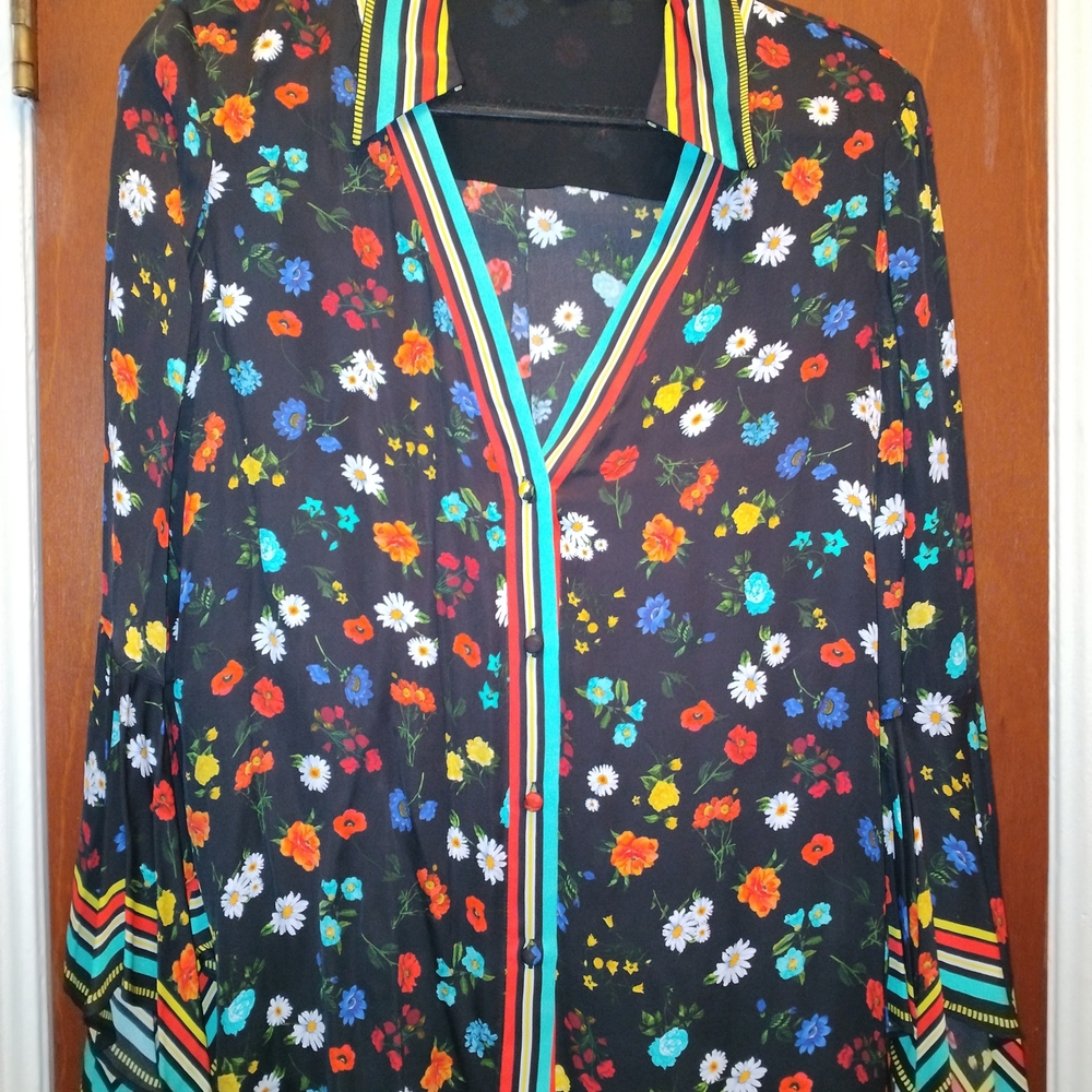 Alice + Olivia Black Top with Pink and Yellow Stripe Accents